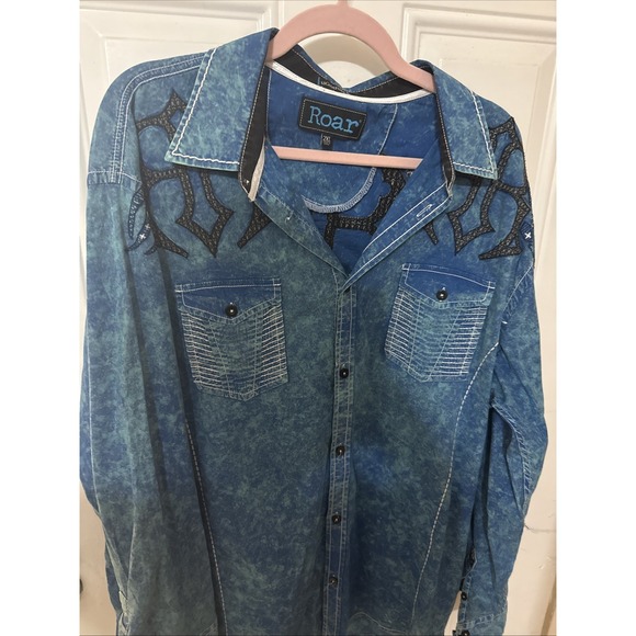 ROAR Signature Edition 2X Button Up Western Shirt Turquoise Black Embroidered - Picture 4 of 9